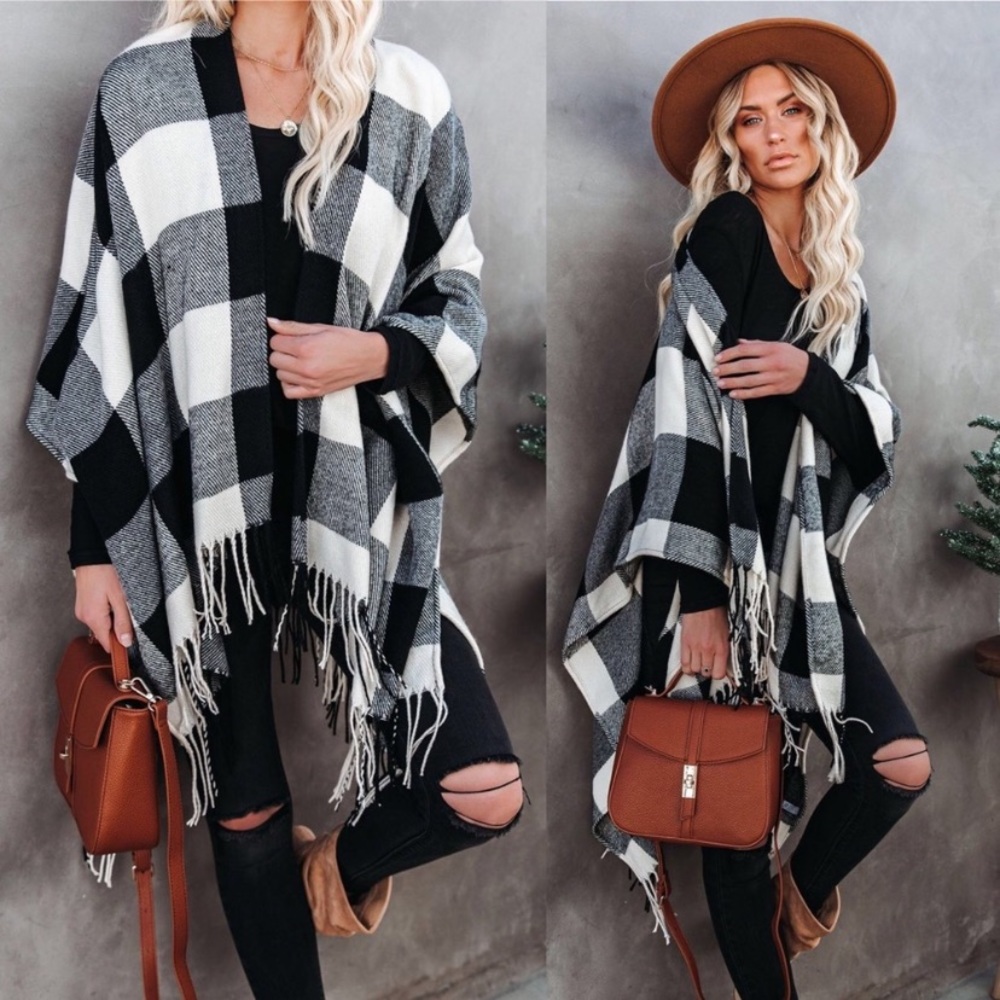 LAST 1! 5 Star Rated! New Cozy Soft Chic Plaid Fringe Poncho Ruana - Picture 8 of 11
